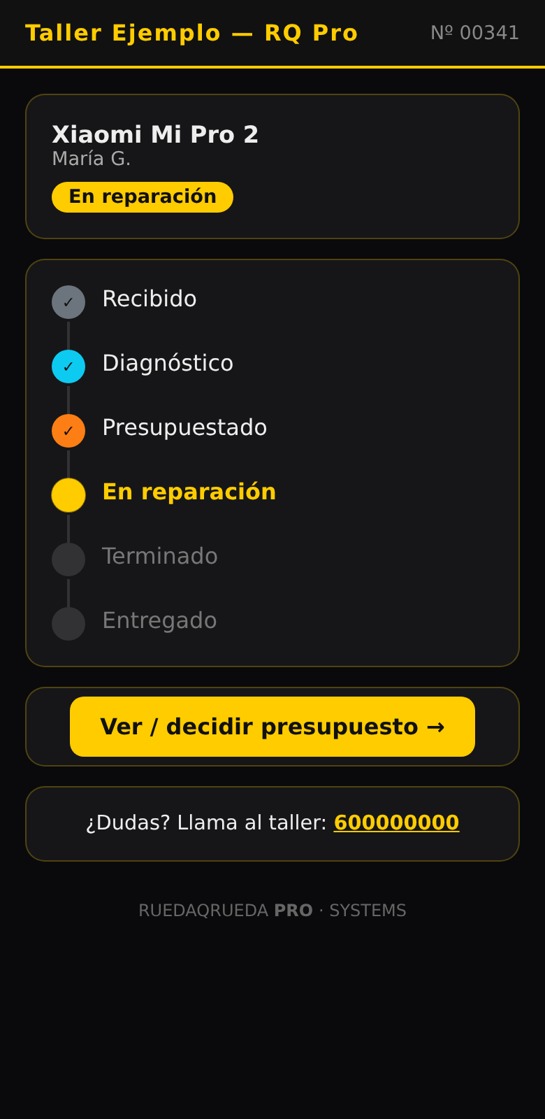 Estado de la reparación en el móvil del cliente